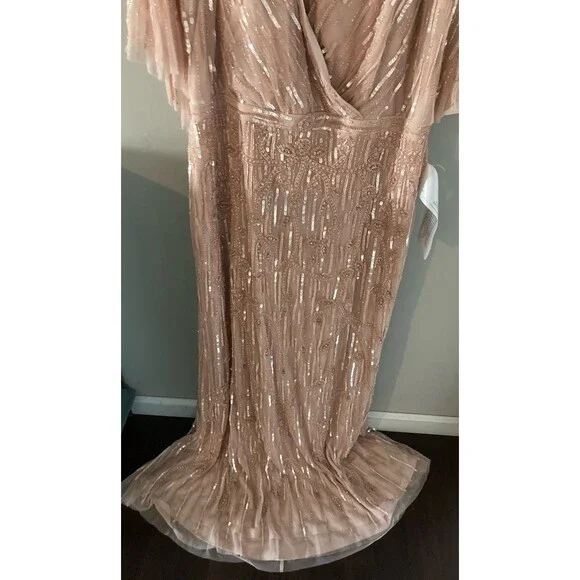 Mac Duggal Blush Pink Embellished Cap Sleeve Faux Wrap Trumpet Gown Dress 14 - Picture 9 of 13